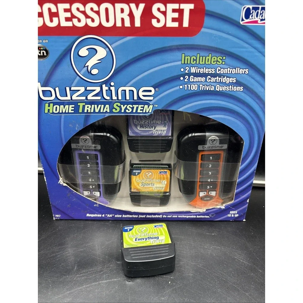 Buzz Time Home Trivia System w/ 5 Controllers Box Cadco 2004 3 Game Cartridges
